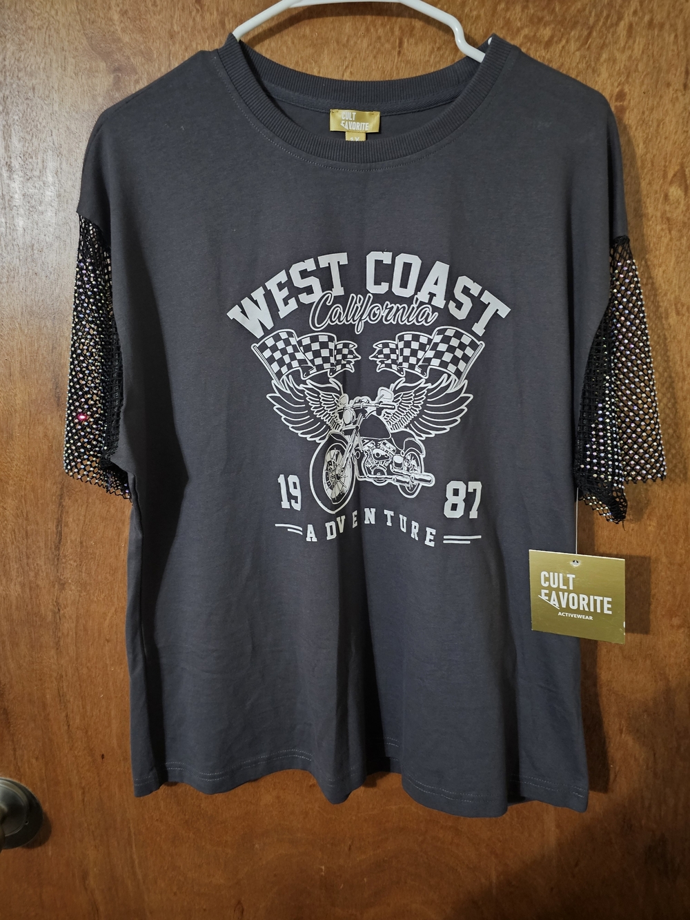 West Coast Graphic Tee in Charcoal with Embellished Sleeves